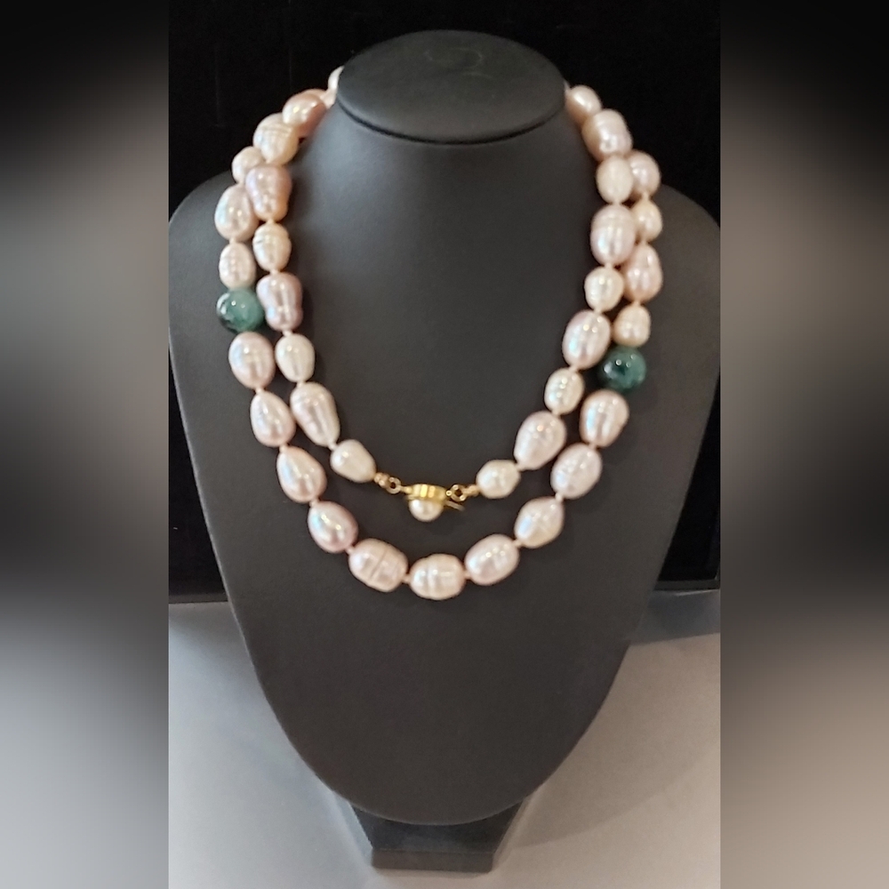 13mm to 16mm Extra Large Freshwater Pearls with Moss Agate Necklace 28"
